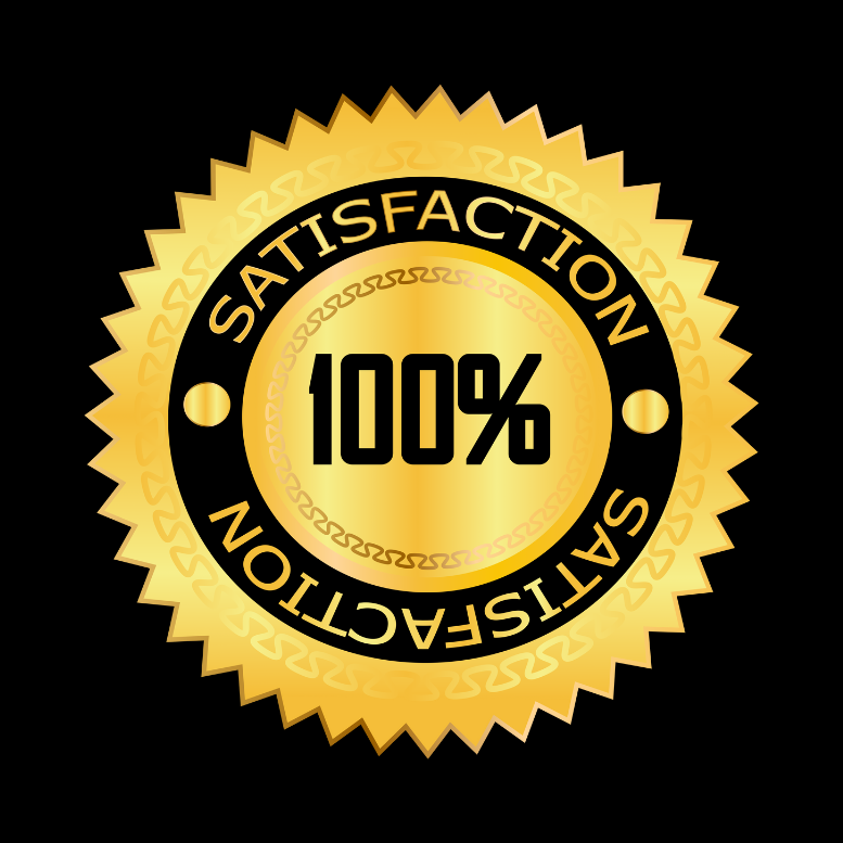 Gold and black seal with the words "Satisfaction" and "100%" in the center, indicating complete satisfaction.
