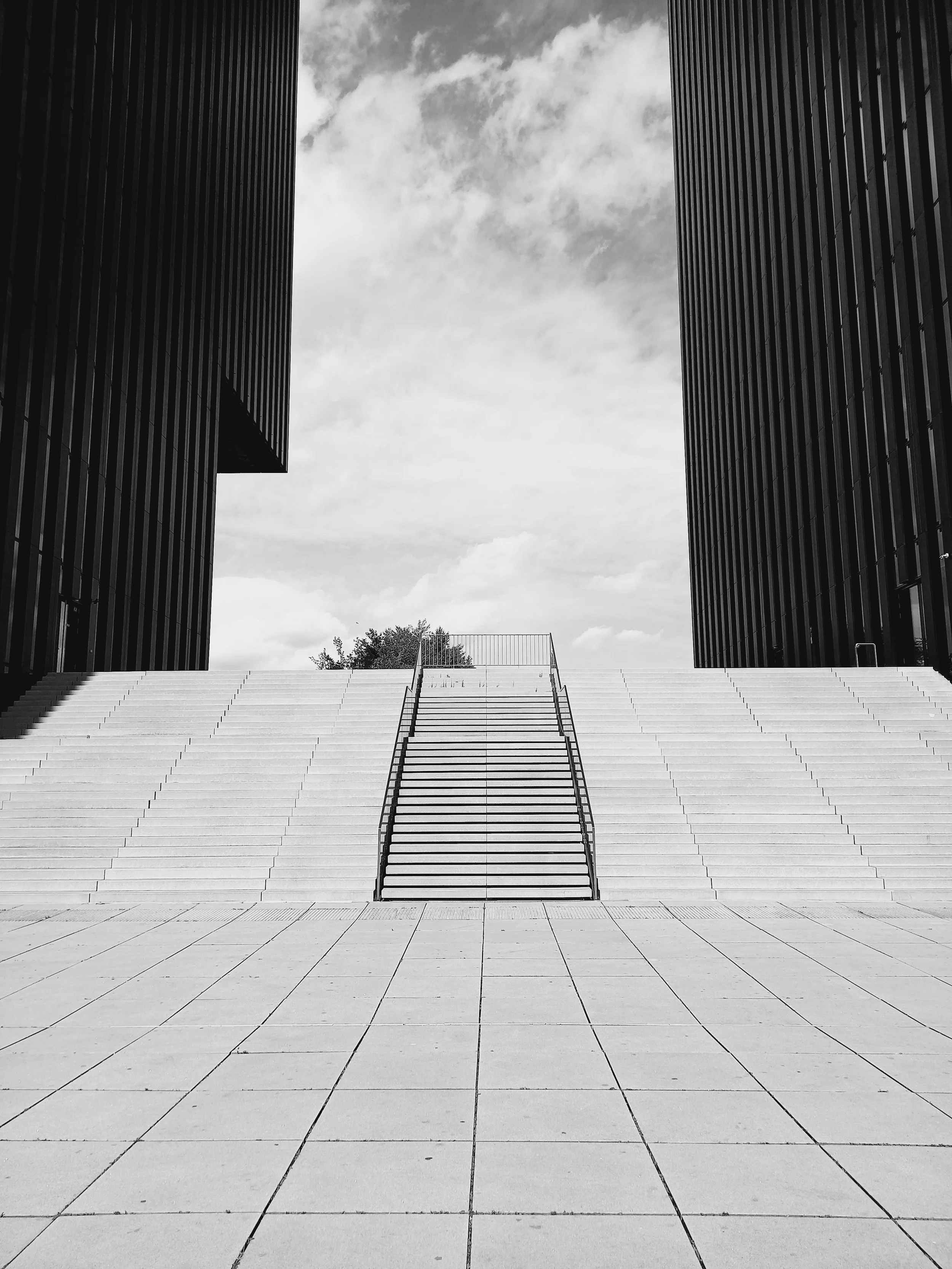 Concrete steps with a handrail in the center, flanked by modern black buildings, leading up to an outdoor area with trees and a cloudy sky overhead.