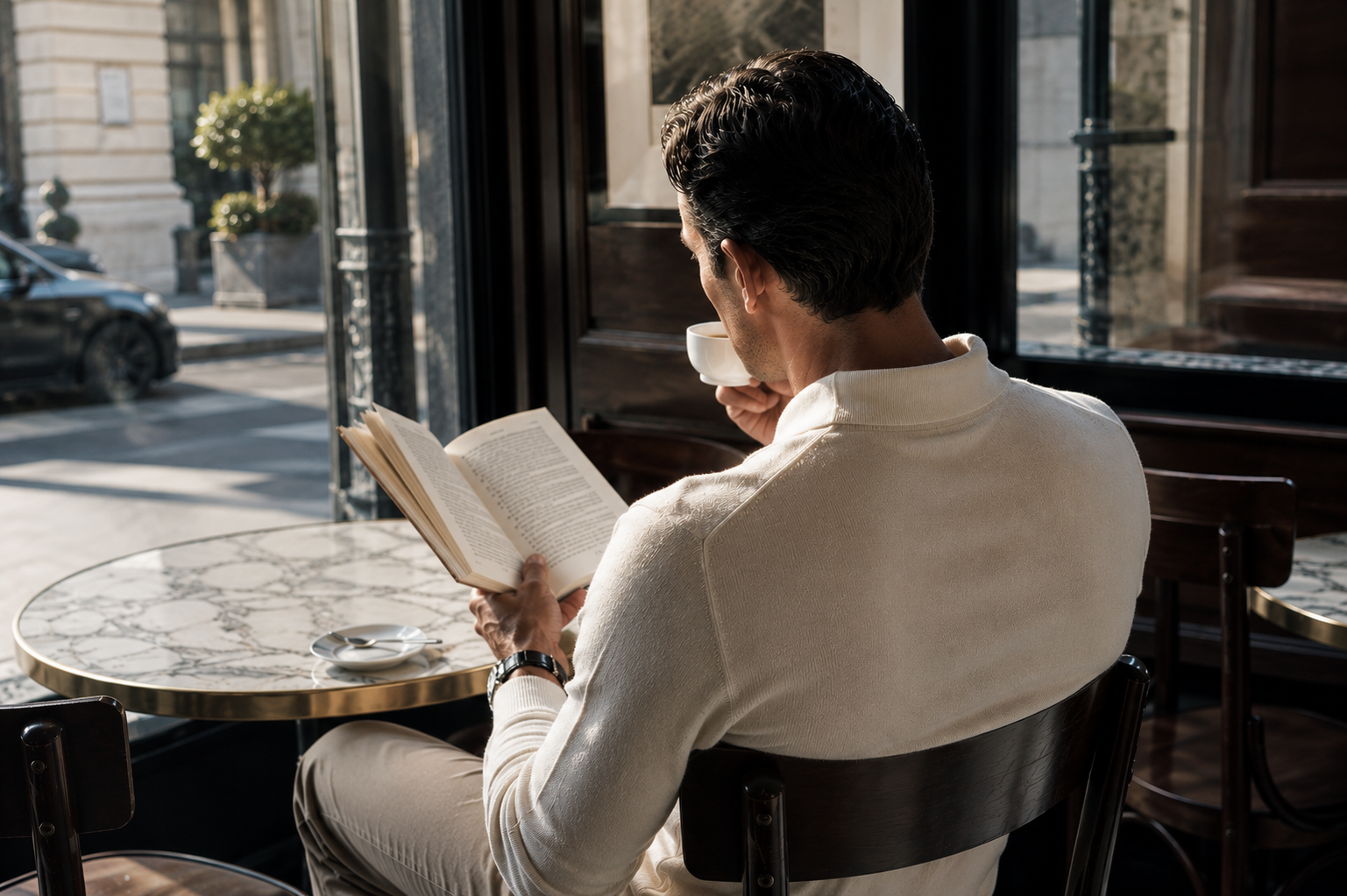Self confidence for men, mens image consulting, mens personal branding sipping coffee.