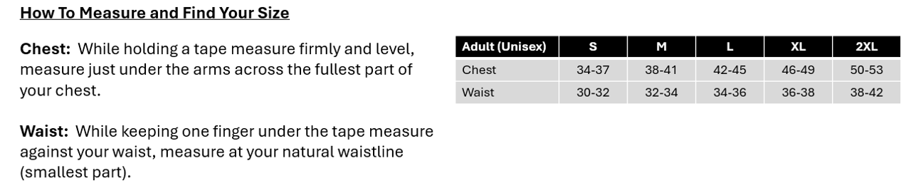 A size guide chart for Bella+ Canvas unisex clothing showing measurements for chest and waist in different sizes (S, M, L, XL, 2XL). The chart includes instructions for measuring chest and waist.