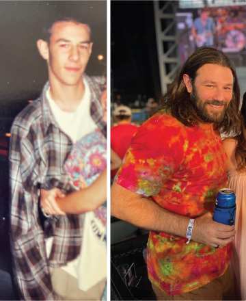 Two photos of a young man with Grateful Dead undershirt on, and an older man with a brightly colored tie dye having fun at an outdoor music festival.