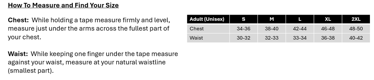 A size guide chart for American Apparel unisex clothing showing measurements for chest and waist in different sizes (S, M, L, XL, 2XL). The chart includes instructions for measuring chest and waist.