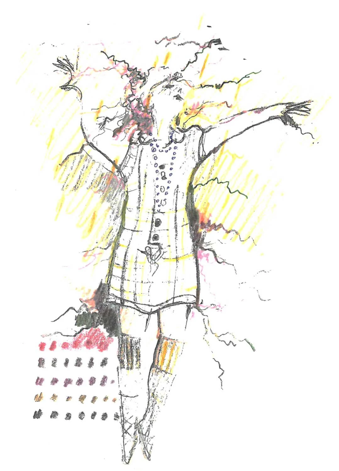 A sketch of a woman with long hair, wearing a shirt and shorts, with her arms outstretched and surrounded by a yellow background and colorful accents.