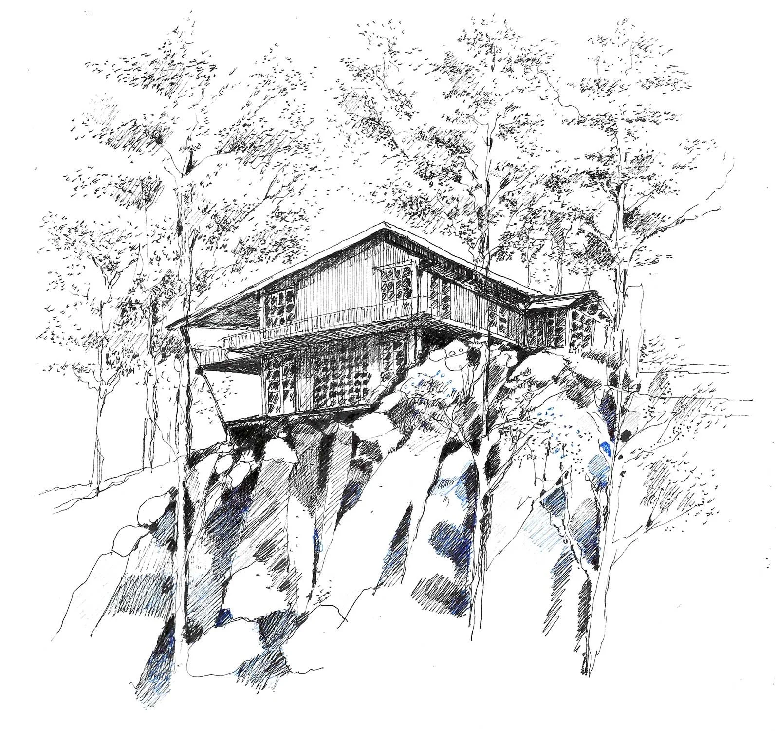 A sketch of a house built on a rocky cliff, surrounded by trees and rocky terrain.