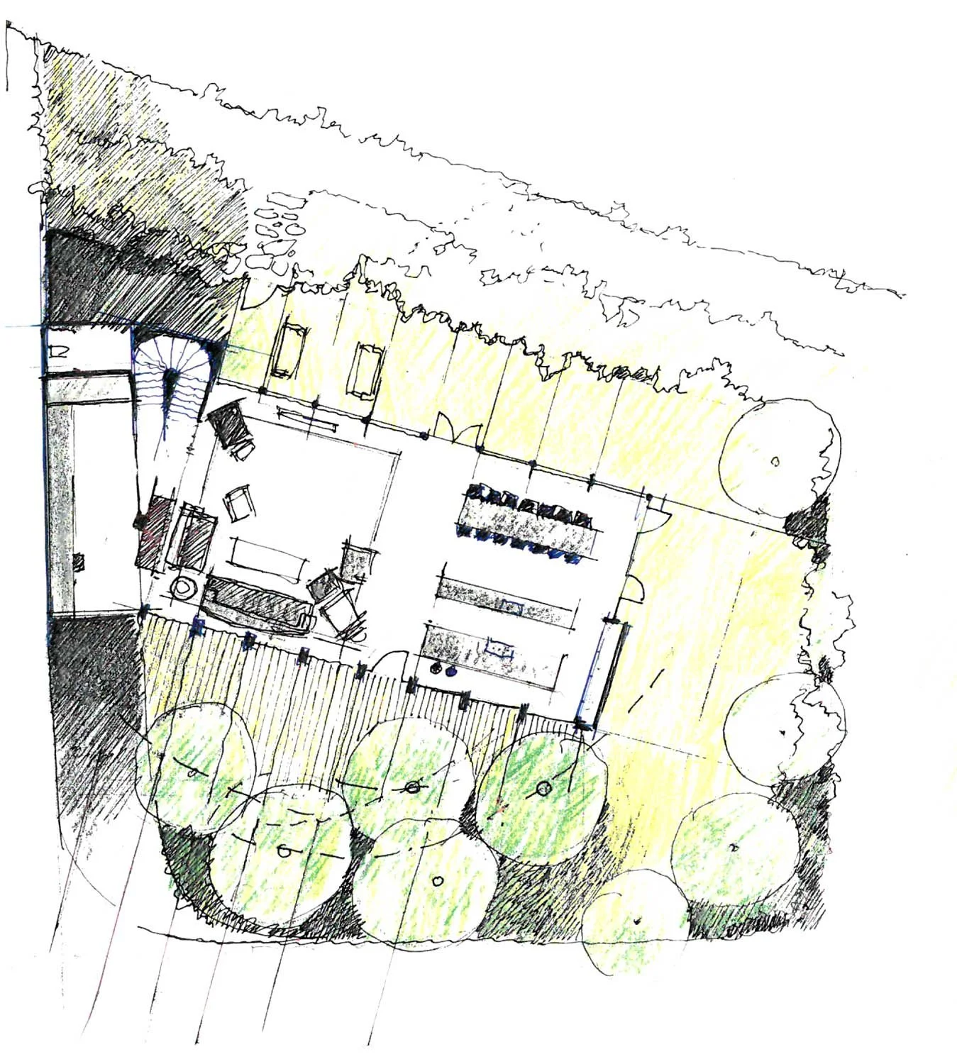 Architectural drawing of a house with outdoor living spaces, trees, and landscaping.
