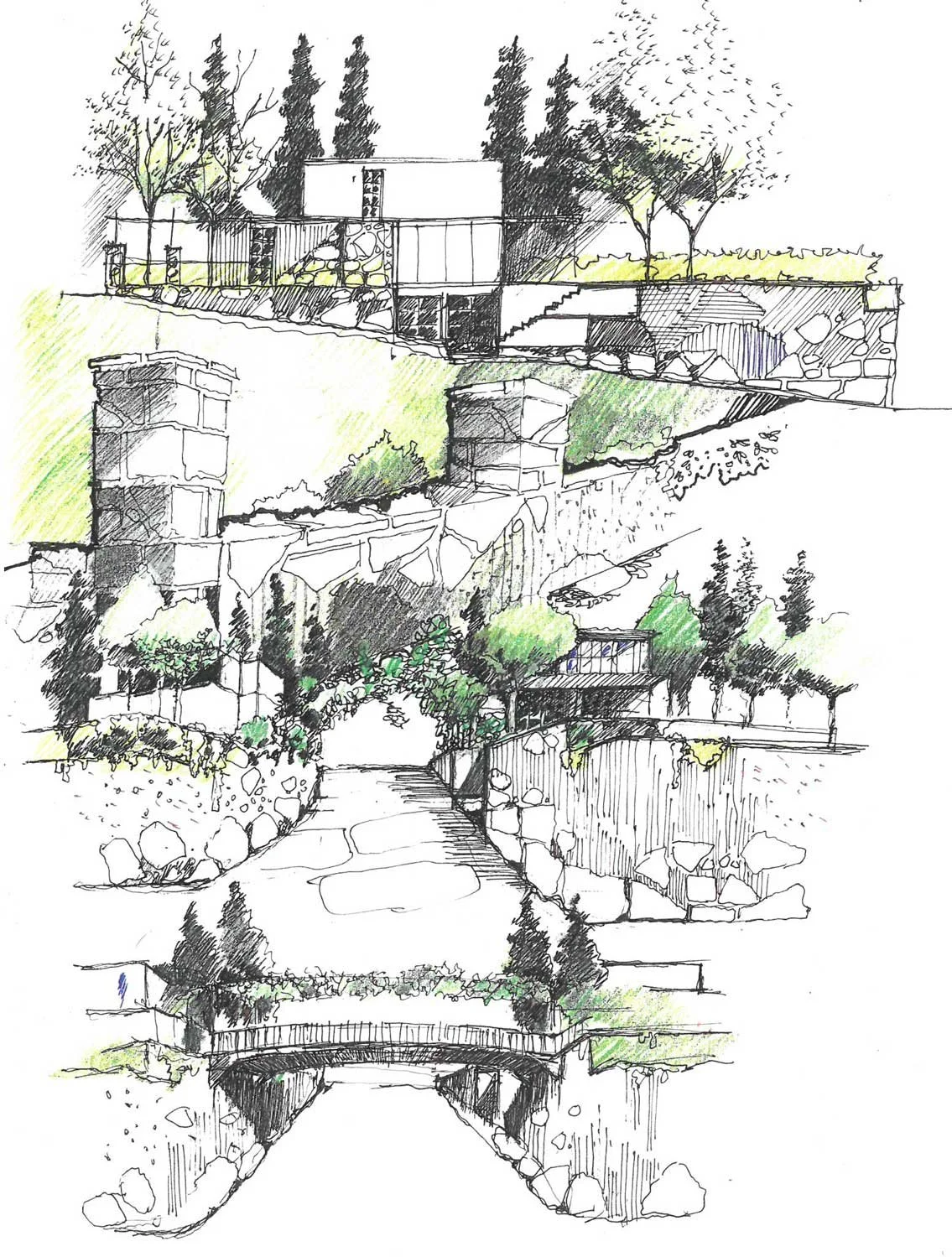 A detailed architectural landscape sketch of a multi-level outdoor space with stone walls, steps, trees, and a pathway, drawn with black ink and subtle green color accents.