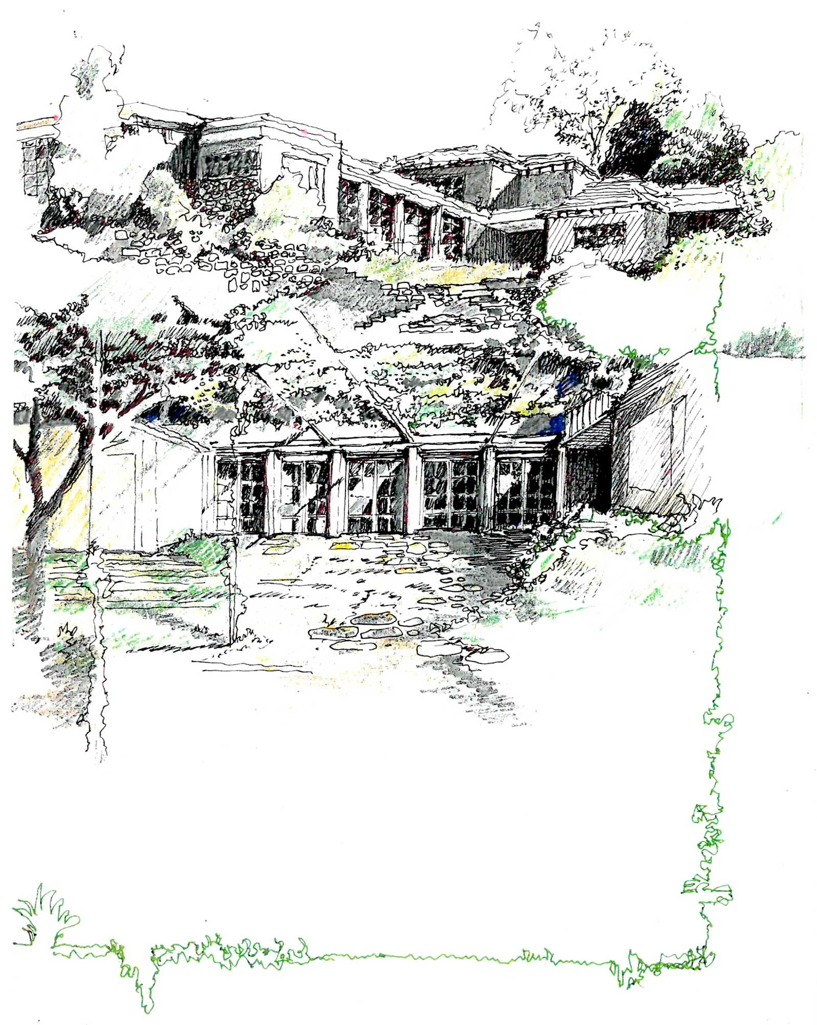 A sketch of a modern building with large windows, surrounded by trees and a small fence in the foreground.