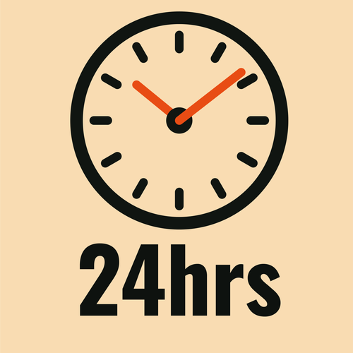 A clock showing the time as 2:10, with the words '24 hrs' below it.