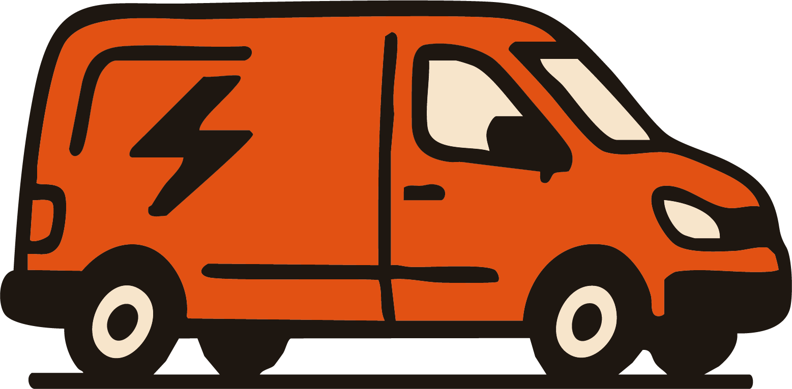 Illustration of an orange delivery van with a black lightning bolt symbol on the side.