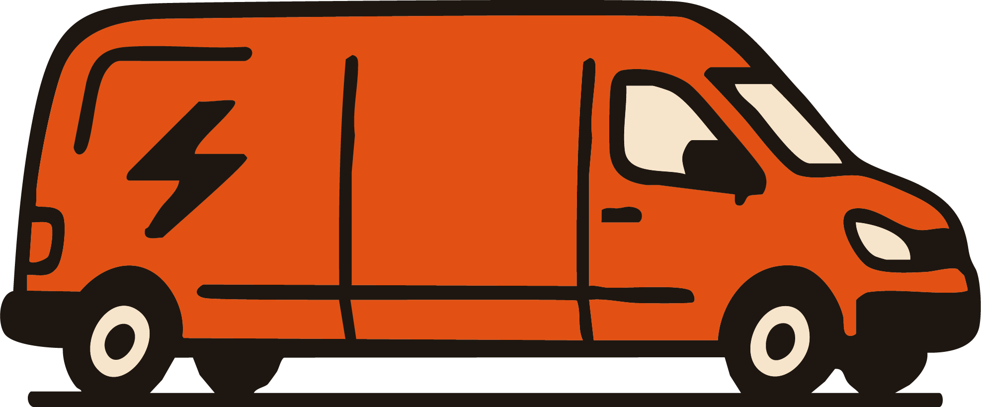 An orange utility van with a black lightning bolt symbol on its side.