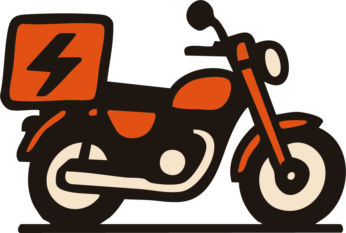 Illustration of an orange and black motorcycle with a battery symbol on the side, indicating electric power.