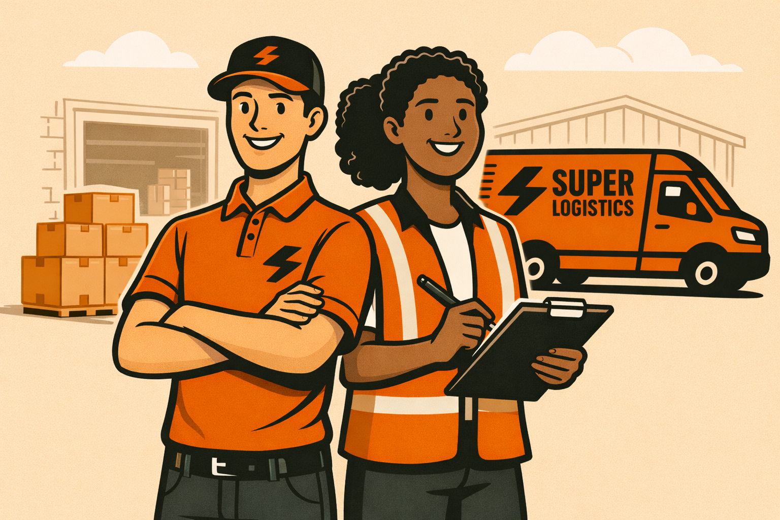 Two smiling logistics workers standing in front of a warehouse with boxes, one holding a clipboard, both wearing orange uniforms with black accents and a black lightning bolt logo, and a branded orange delivery van in the background.