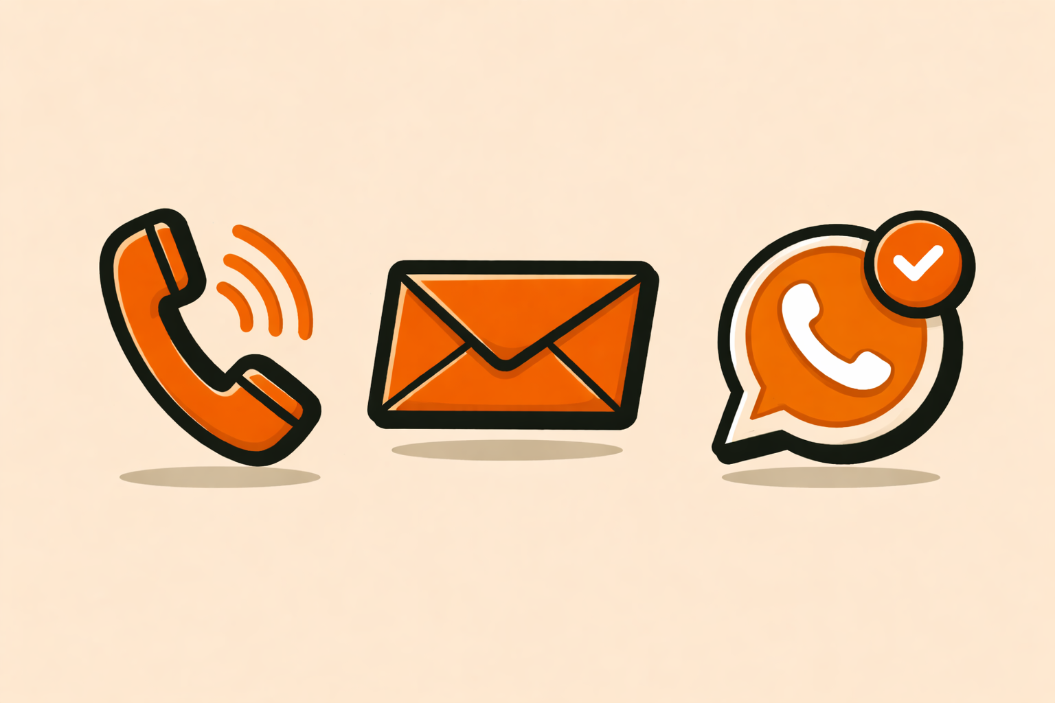 Icons of a phone receiver, an envelope, and a chat bubble with a checkmark, representing phone, email, and messaging communication methods.