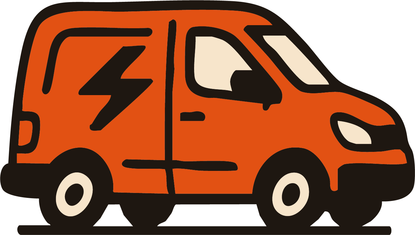 Illustration of an orange delivery van with a black lightning bolt symbol on its side.