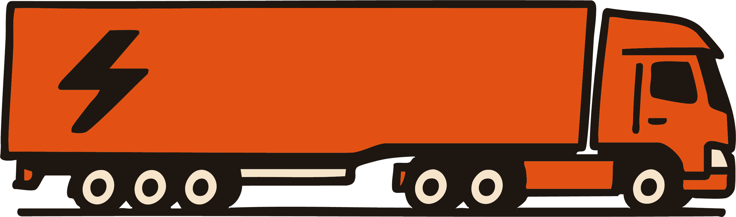 An orange delivery truck with a black lightning bolt symbol on the side.