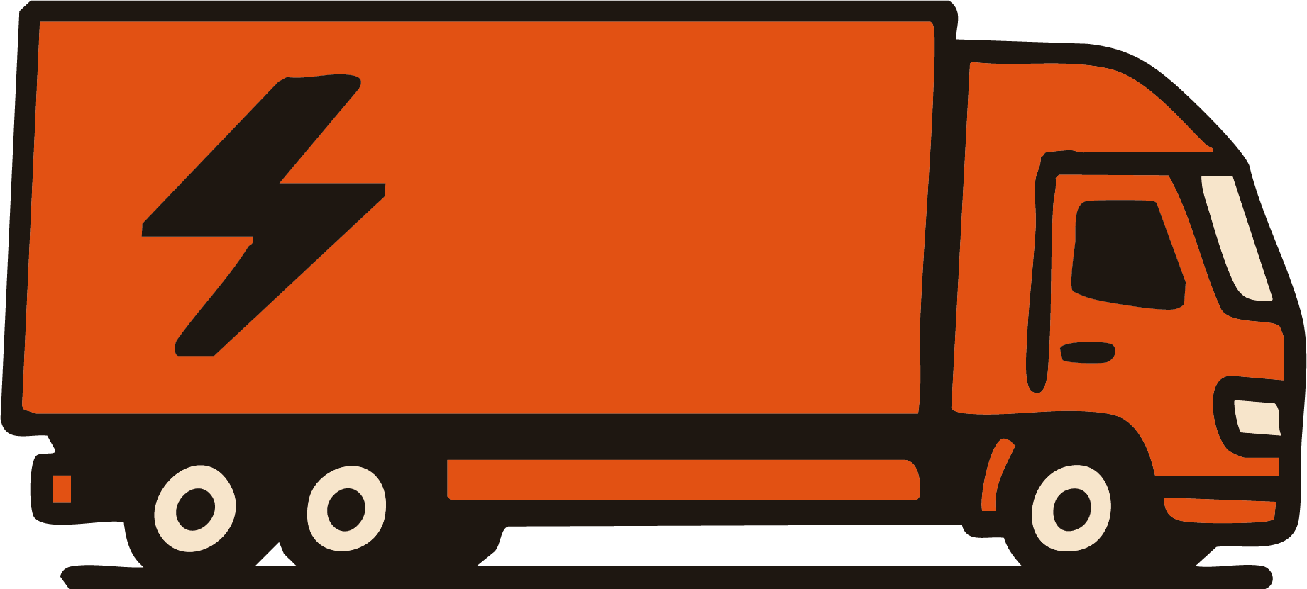 A cartoon illustration of an orange delivery truck with a black lightning bolt symbol on its side.