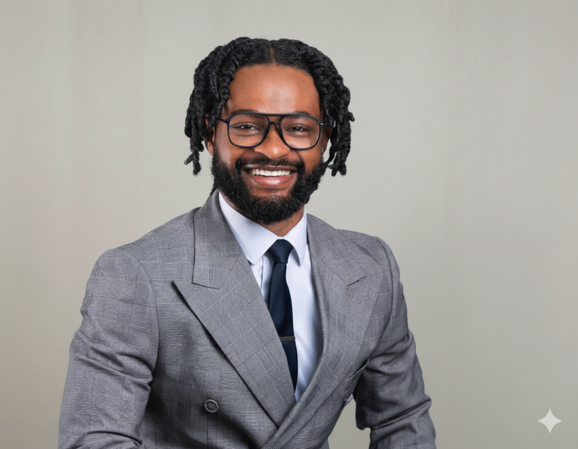 Smiling man with glasses wearing a grey checkered suit and white shirt against a plain background.