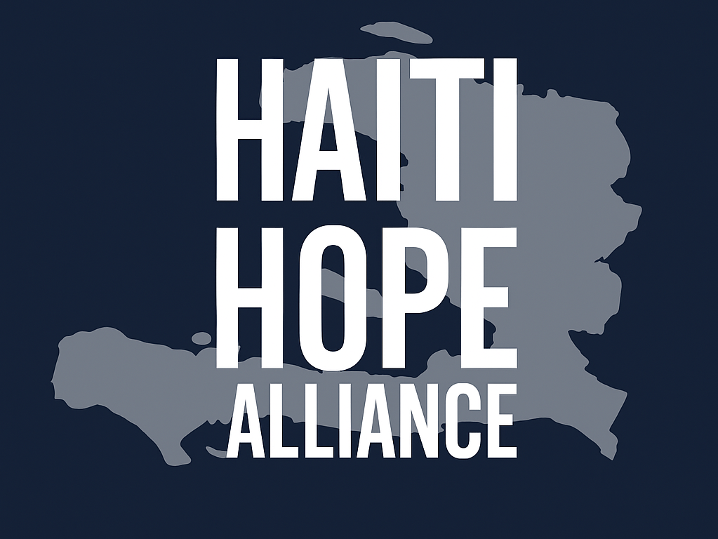 A dark blue map outline of Haiti with large white text overlay reading "Haiti Hope Alliance".