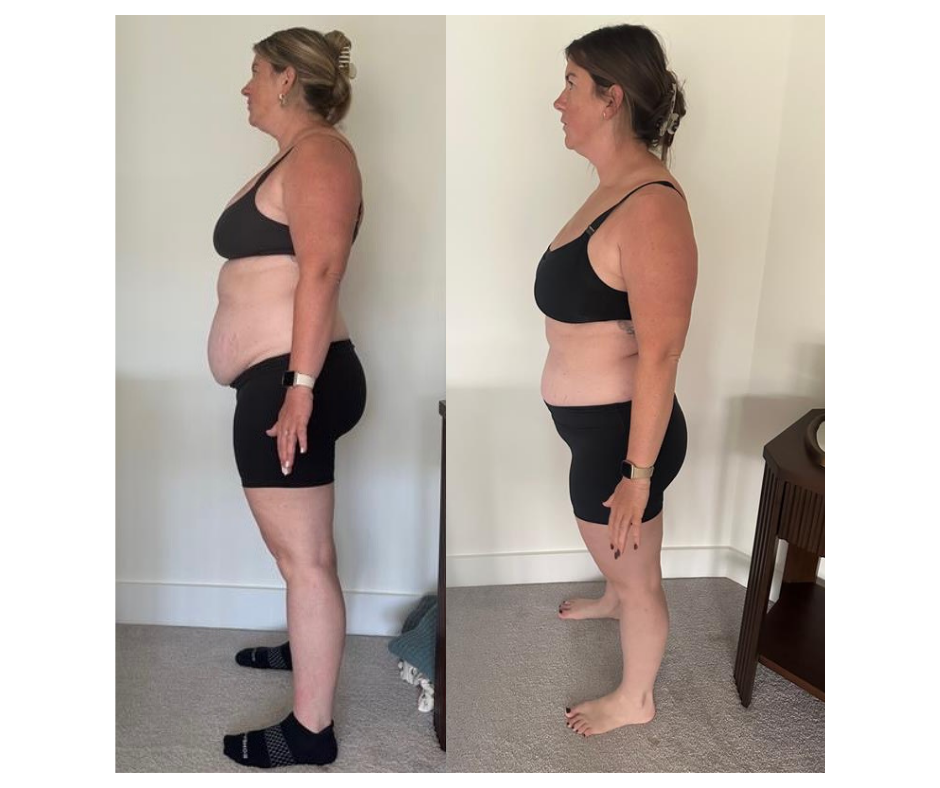 A side-by-side comparison of a woman showing weight loss progress, with before and after photos. In both images, she is standing against a plain wall wearing black sportswear.