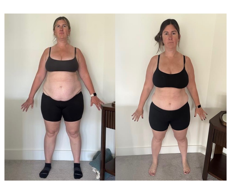 Side-by-side comparison of a woman showing weight loss progress, wearing black sports bra and shorts, standing indoors against a plain wall.