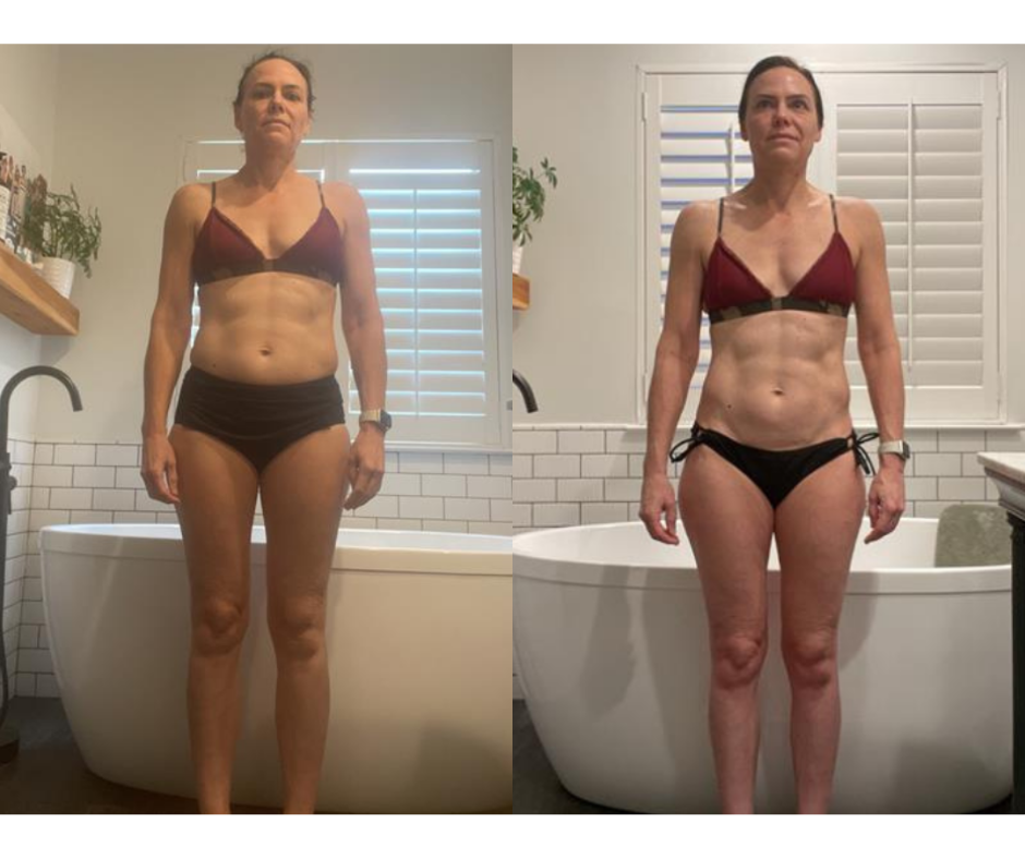 Side-by-side comparison of a woman before and after fitness transformation, wearing a red sports bra and black shorts, standing in front of a bathtub in a bathroom with white subway tiles and planter on a shelf.