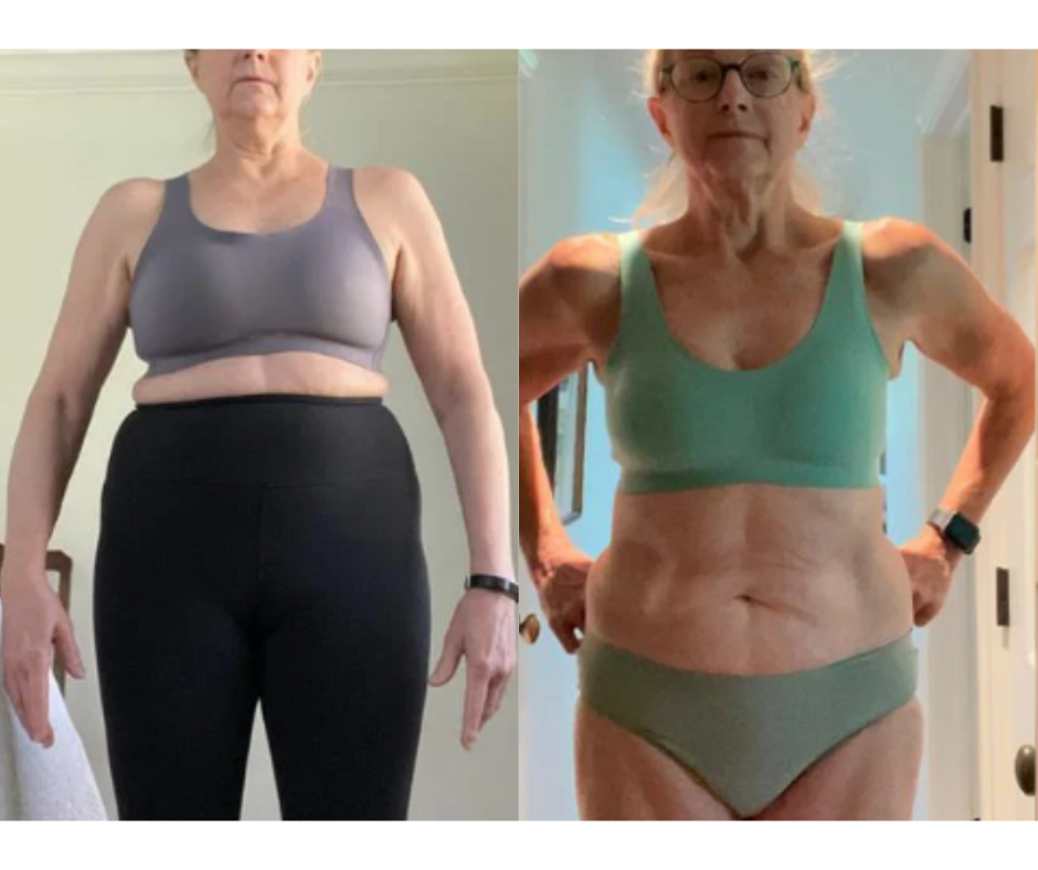 Side-by-side comparison of a woman before and after weight loss, wearing workout clothing.