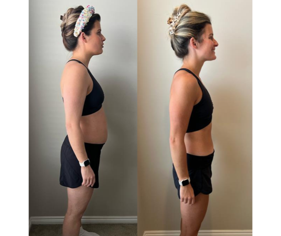 Side-by-side comparison photo of a woman showing weight loss and fitness transformation, wearing black sports bra and shorts, with different hairstyles and accessories.