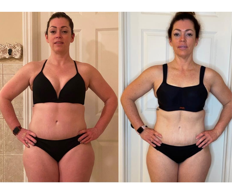 Side-by-side comparison of a woman in black workout clothes, showing weight loss progress, with hands on hips and neutral facial expressions.