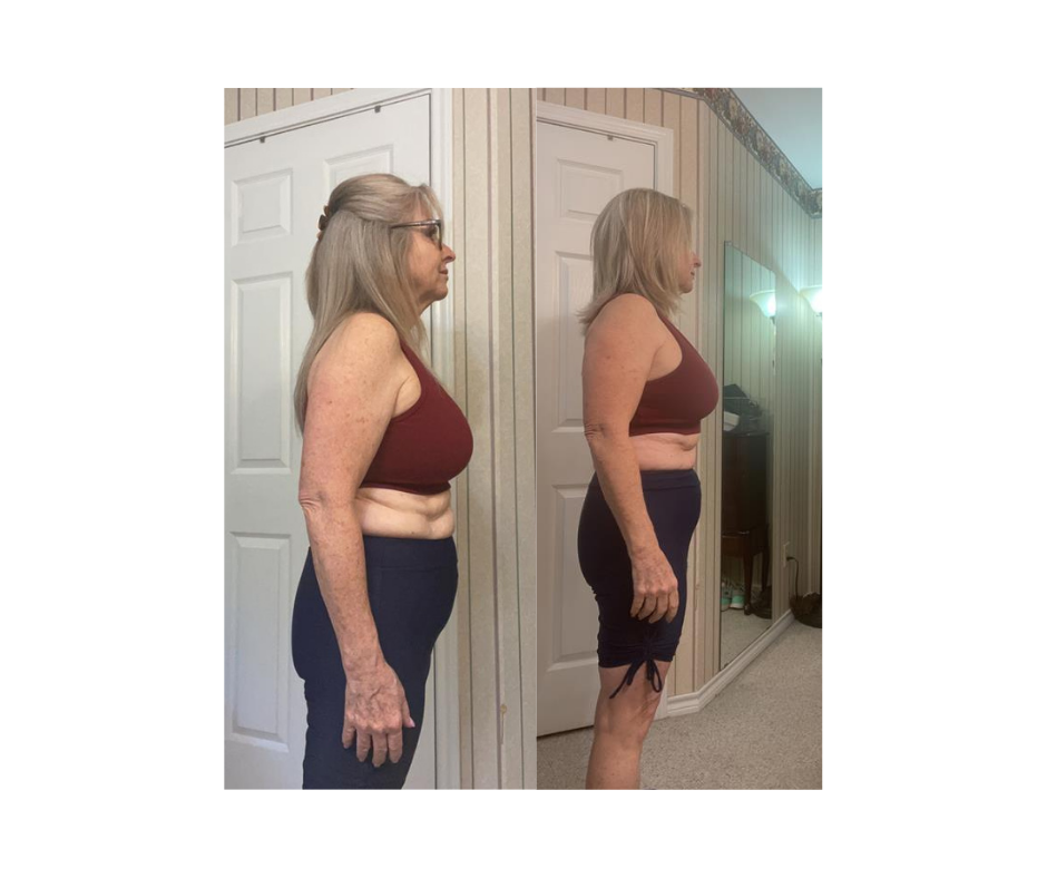 Side-by-side comparison of two women, one older with glasses, and one younger, both in maroon sports bras and black workout shorts, showing physical transformation.