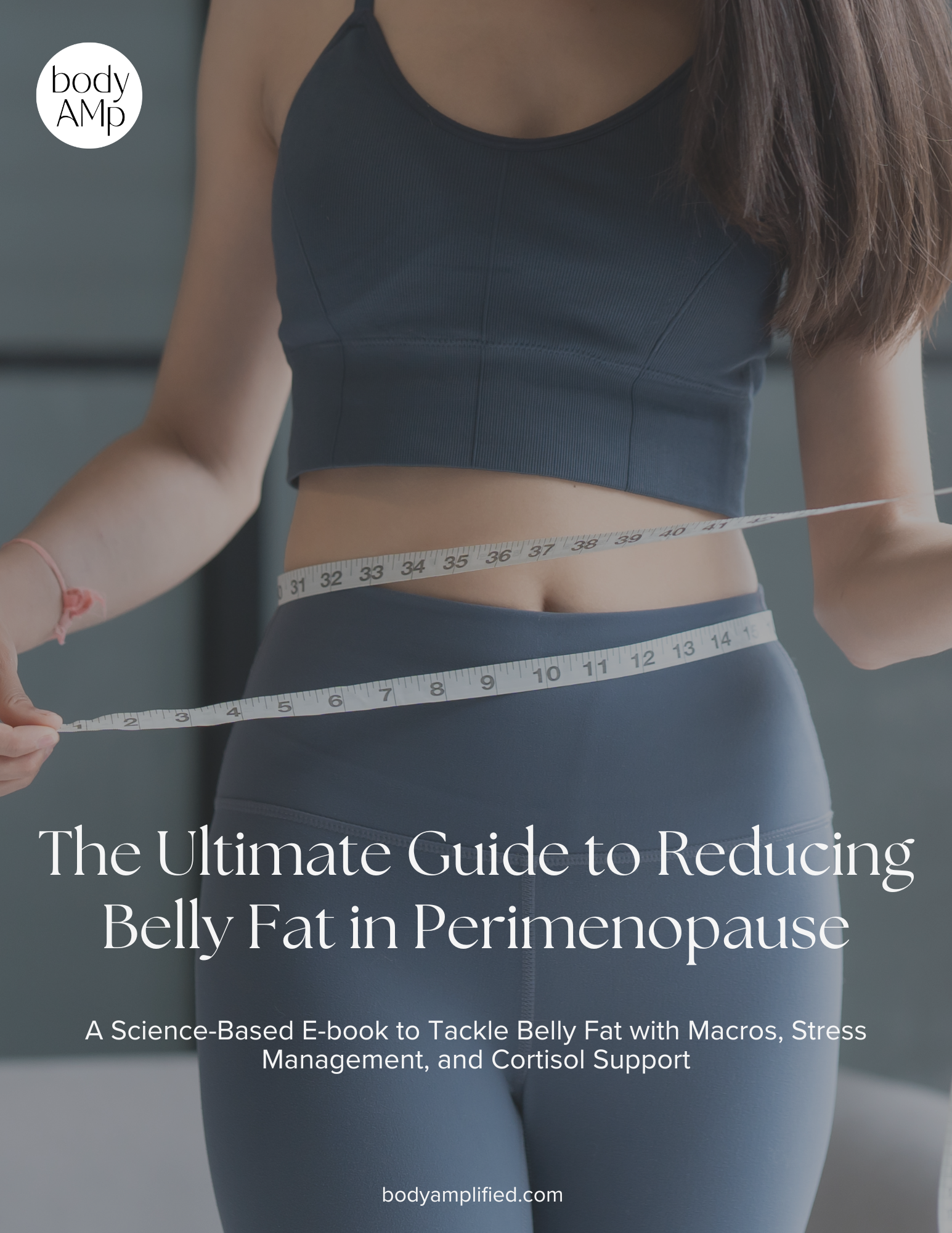 A woman in fitness attire holding a measuring tape around her waist with a text overlay promoting a guide to reduce belly fat at perimenopause.