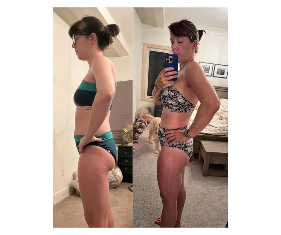 Side-by-side comparison photo of a woman showing her body transformation. The left shows her before, and the right shows her after, in underwear, indoors, in different rooms.