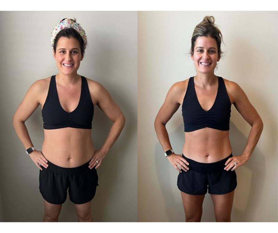 Side-by-side comparison of a woman in workout clothes, showing a fitness transformation with a more toned abdomen and arms in the second photo.