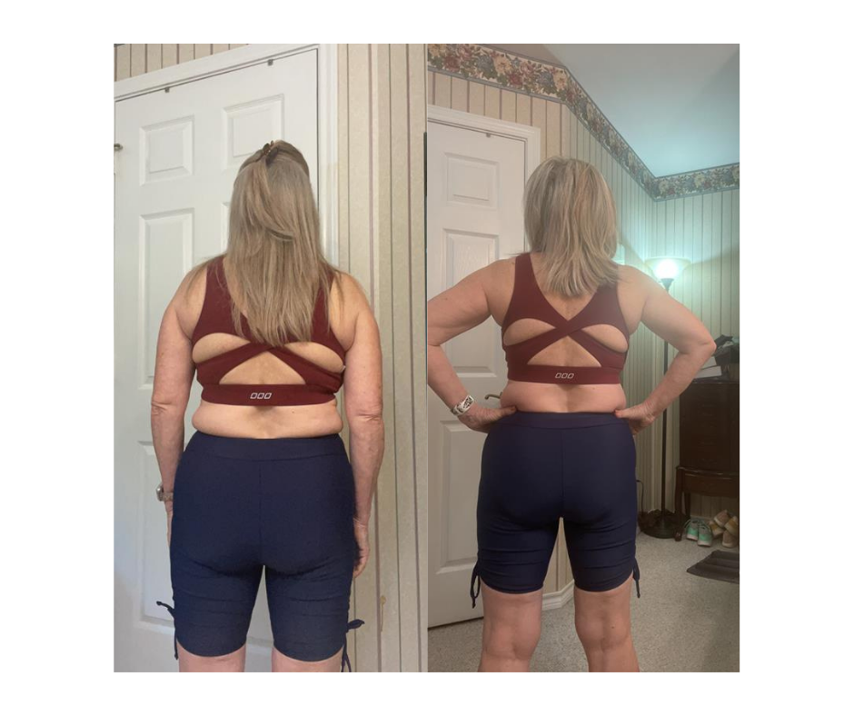 Side-by-side comparison of a woman before and after fitness transformation, wearing a red sports bra and dark shorts, showing progress in body shape.