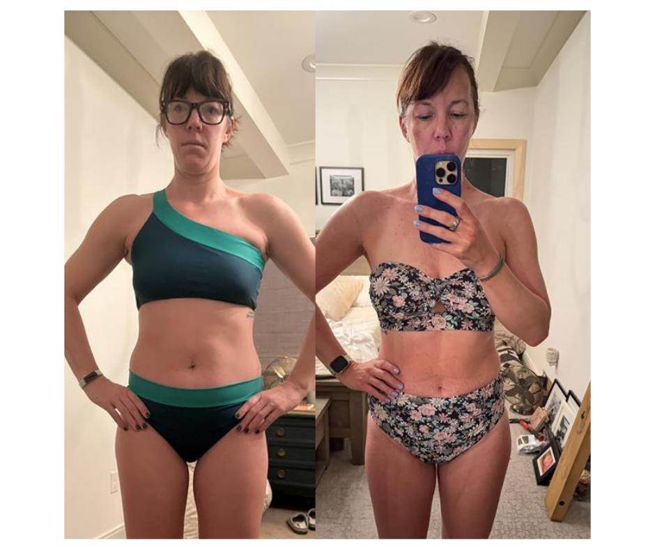 Side-by-side mirror selfies of a woman in a bedroom, showing her fitness transformation. In the left photo, she wears a black and green sports bra with matching black and green bottoms, and glasses. In the right photo, she wears a floral bikini top and bottoms, has shorter hair, and is taking the picture with her phone.
