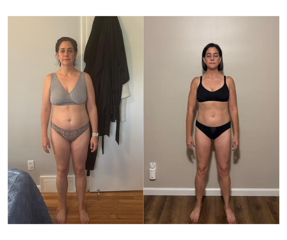 A side-by-side comparison of a woman before and after weight loss. In the before photo, she stands with her arms at her sides, wearing a gray sports bra and leopard print underwear, with a neutral expression. In the after photo, she wears a black sports bra and matching black underwear, with a more confident posture and closed eyes, showing visible body toning and muscle definition.