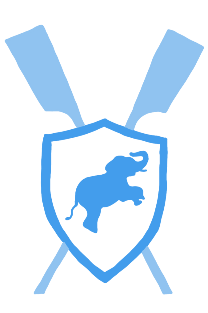 A sports emblem featuring a shield with a blue elephant silhouette in the center and two crossed paddles behind it.