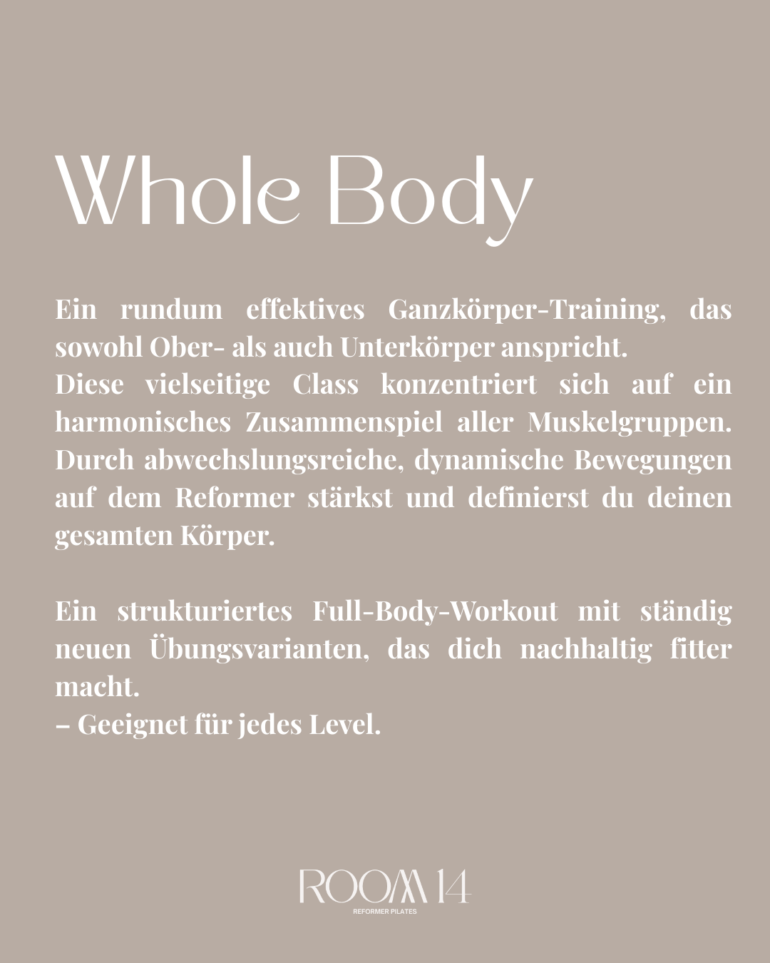Textbeschreibung eines Fitness-Workouts, das Ganzkörpertraining für alle Muskelgruppen beschreibt, inklusive Worten wie 'Whole Body' und 'Full-Body Workout', mit dem Logo 'ROOM 14 Beiträge Pilates' am unteren Rand.