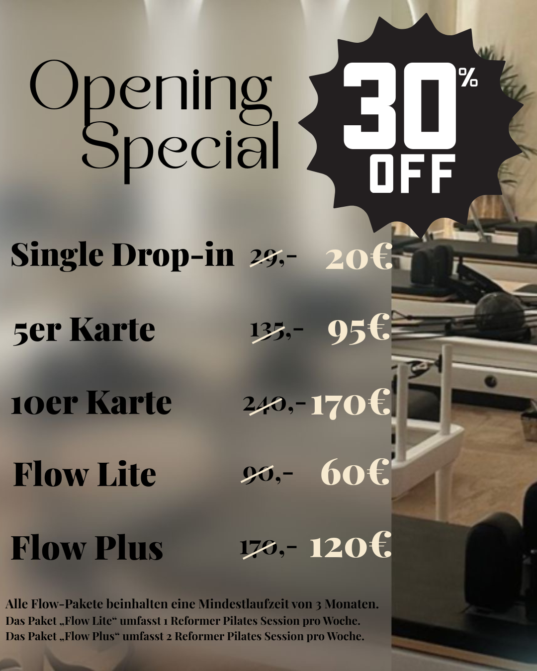 Preisliste für Pilates-Programme mit 30% Rabatt, inklusive einzelner Drop-In, 5er Karte, 10er Karte, Flow Lite und Flow Plus, in Deutschland. Preise wurden vor Rabatt durchgestrichen.