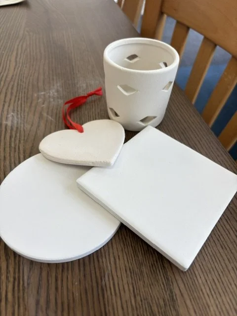 £12. Paint ceramic tealight holders, coasters and/or hearts with acrylic paints. Price is for 2 hearts/coasters or 1 tealight holder. (Further firings are not available but you can set your design with acrylic varnish)