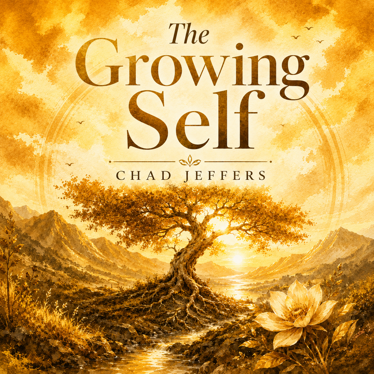 Book cover for 'The Growing Self' by Chad Jeffers, featuring a landscape with a large tree, mountains, and a bright sky in golden and earthy tones.
