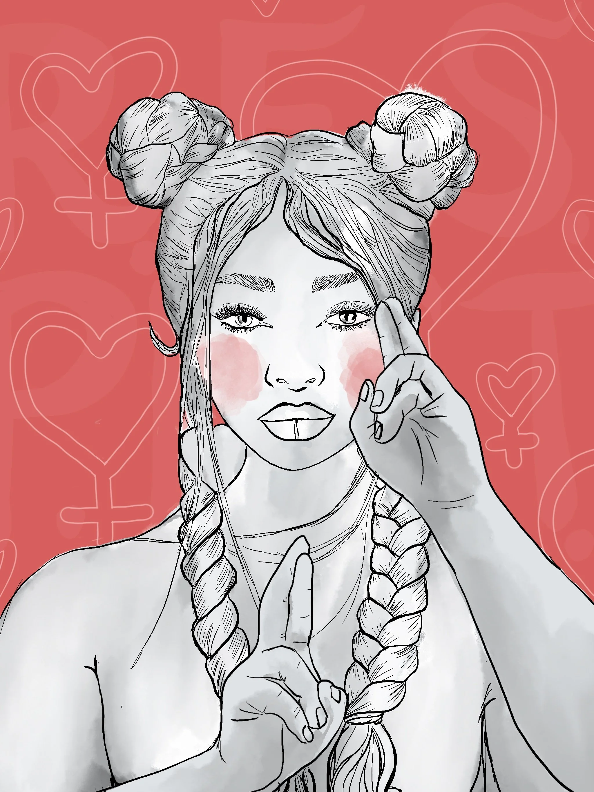 Illustration eines Mädchens mit entwirrten Zöpfen, das eine Hand zum Signal des 'Stopp' hält und eine andere Hand in einer Peace-Geste. Der Hintergrund ist rot mit stilisierten Herzen und Gender-Symbolen.