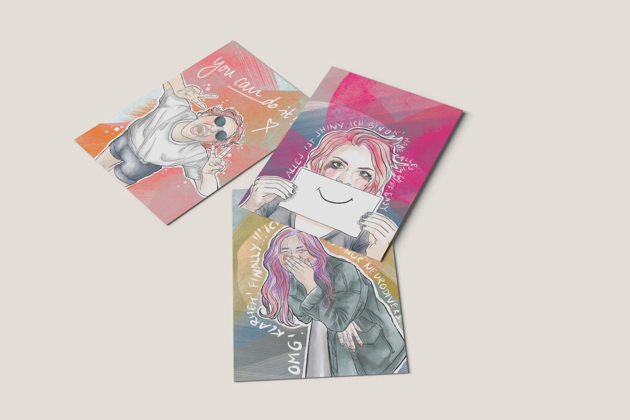 Drei Postkarten, die Frauen in verschiedenen Gemütszuständen zeigen