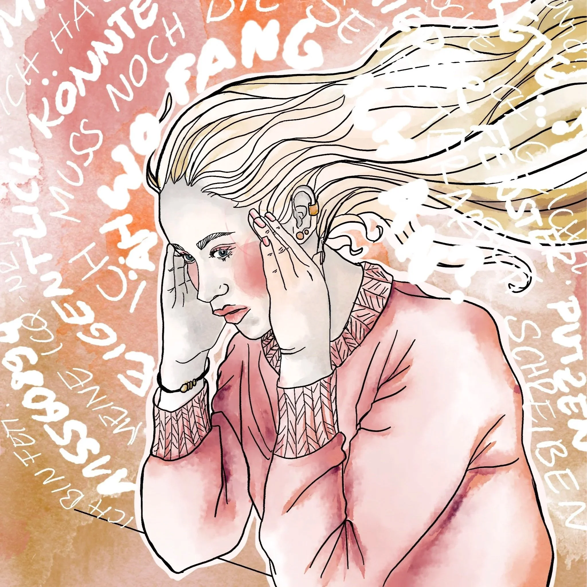 Illustration einer jungen Frau, die nachdenklich ist, mit Händen an den Schläfen. Der Hintergrund ist in warmen Orange- und Brauntönen gestaltet, mit weißen, handgeschriebenen Worten und Texten, die sich um die Frau herum erstrecken.