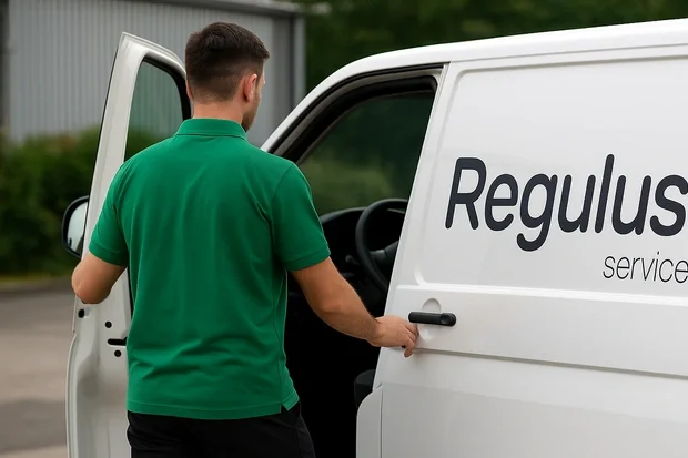 Mitarbeiter von Regulus Service am Firmenfahrzeug für professionelle Gebäudereinigung