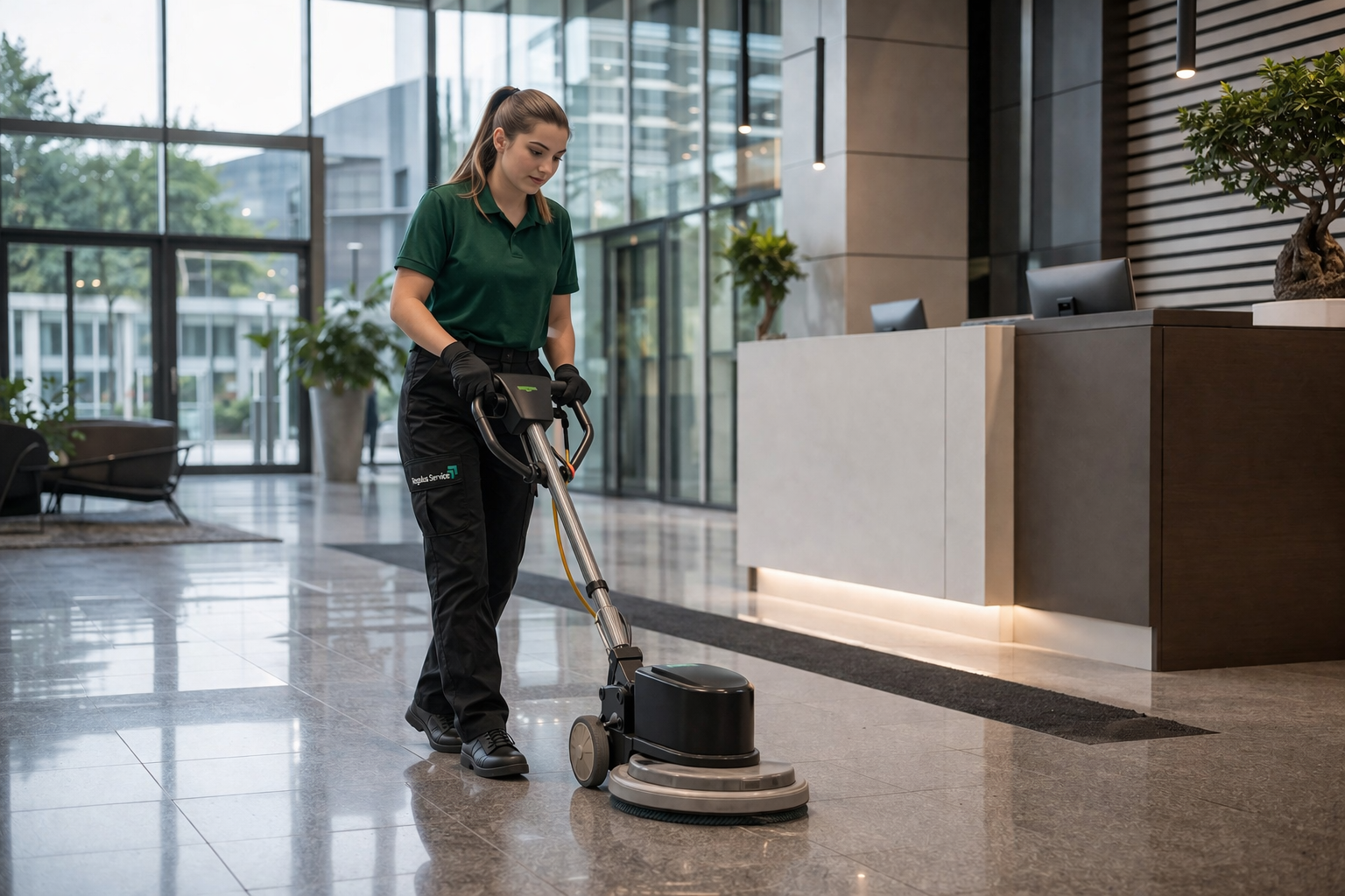 Reinigungskraft bei der Bodenreinigung in einem modernen Bürogebäude