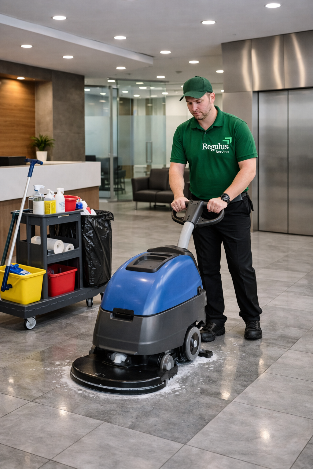 Professionelle Bodenreinigung in einem Bürogebäude durch Regulus Service