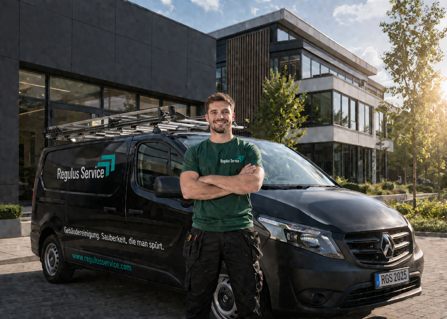 Mitarbeiter von Regulus Service vor Firmenfahrzeug für gewerbliche Gebäudereinigung