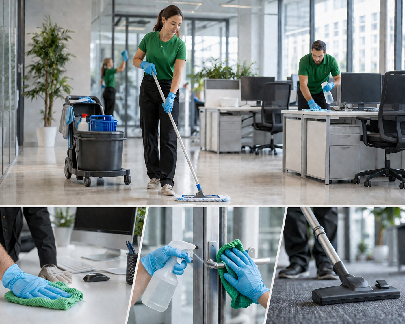 Unterhaltsreinigung in einem modernen Büro durch professionelles Reinigungspersonal