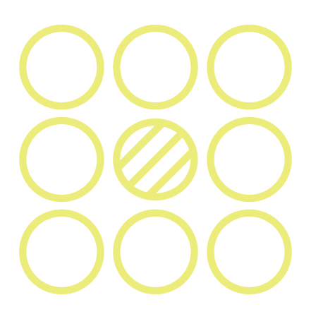 A 3x3 grid of empty yellow circles, with a striped yellow circle in the center.
