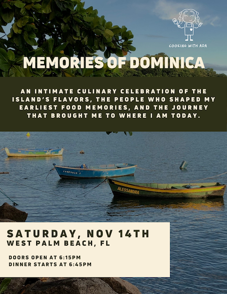 flyer for upcoming dinner series, Memories of Dominica- being hosted on November 14th
